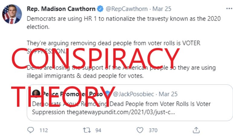 Tweet from Madison Cawthorn containing election conspiracies claiming that there are dead voters and undocumented people voting.