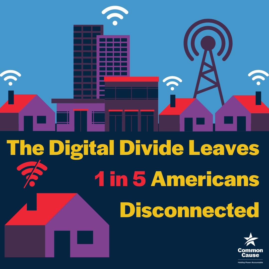 The Digital Divide Leaves 1 in 5 Americans Disconnected. illustration of 4 houses and an apartment buildings with internet access. One of the houses does not have internet.