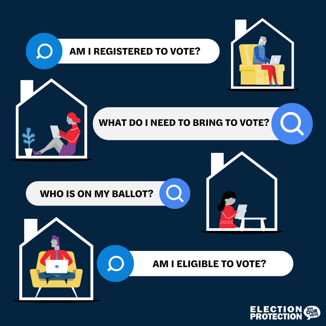 Illustration of people in homes on devices looking up the following election information questions Am I Registered To Vote? What do i need to bring to vote? Who is on my ballot? Am i eligible to vote?